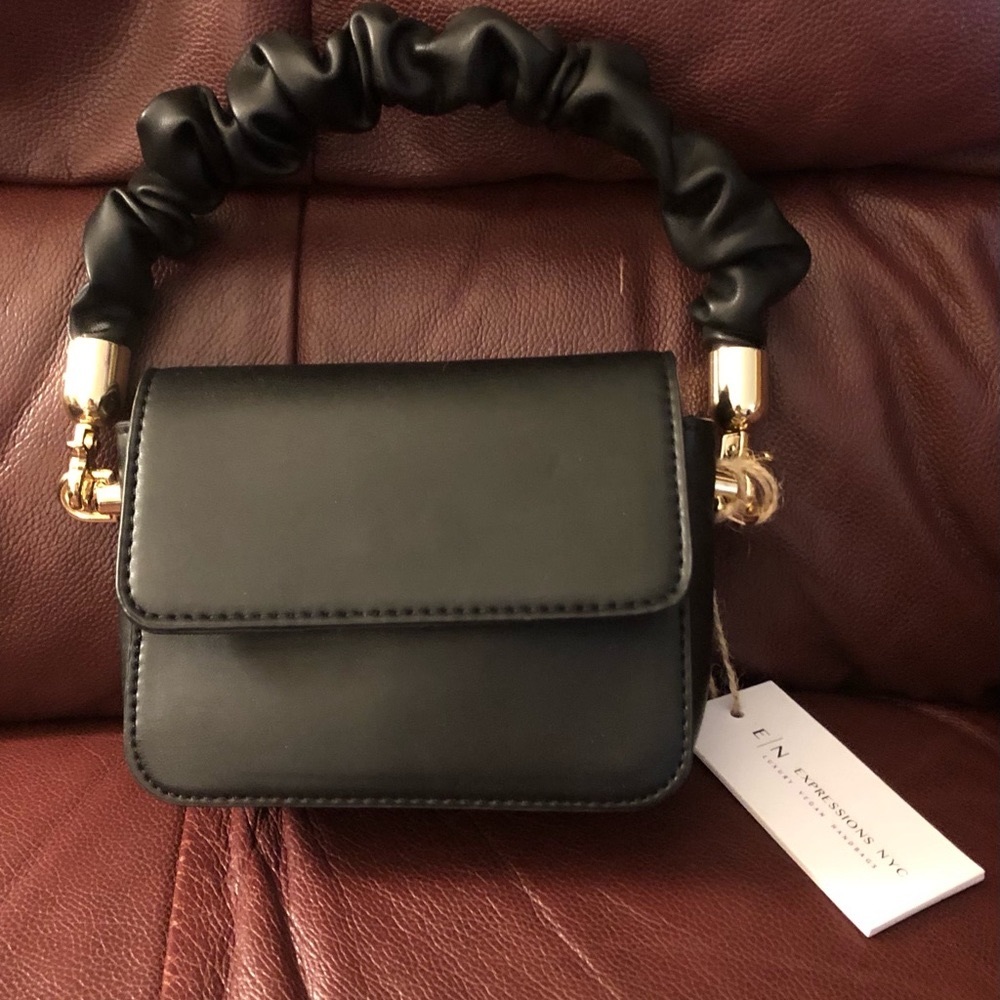 EN Expressions NYC Black Vegan Leather Handbag With Ruffle Handle